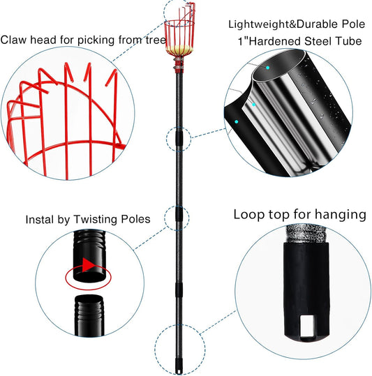DonSail Fruit Picker Pole with Basket Telescoping, Citrus Orange Picker Pole with Basket 35-150 inch Long Handle, Mango Avocado Fig Acorn Pear Pomelo Chery Lemon Picker for Tree