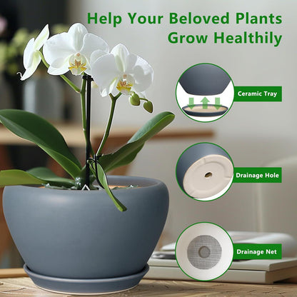 Ceramic Pots for Plants - 9 Inch Planter for Outdoor Plants Large Plant Pot Indoor with Drainage Hole and Saucer Decorative Modern Flower Pot for Home Garden Decor Gray