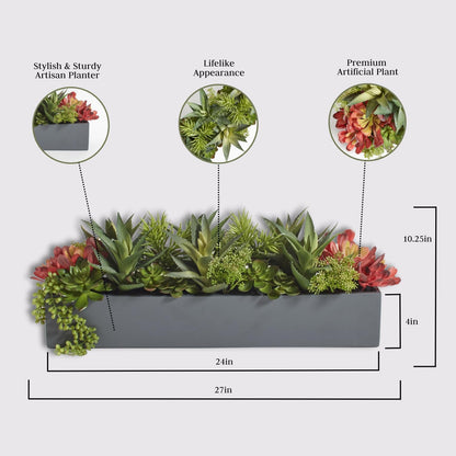 Oblong Faux Succulent Arrangement, Premium Artificial Indoor Plant Enhances Interior Design, Display on any Surface in Your Home Adding an Inviting Touch of Nature, Grey Planter Pot Included