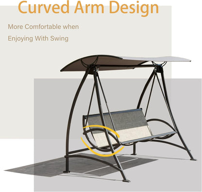 Domi Porch Patio Swing with Adjustable Canopy, 3-seat Swing with Stand, Outdoor Swings w/Armrests, Weather Resistant Steel Frame and Textilene Fabric Dark Brown