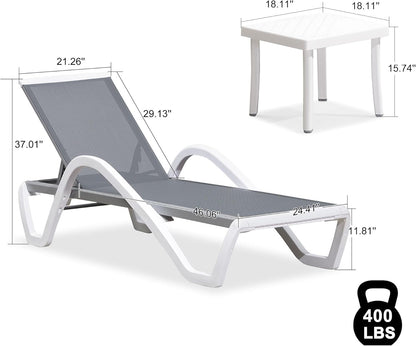PURPLE LEAF Patio Chaise Lounge Chair Set Outside Aluminum Plastic Stackable Tanning Chairs with Armrests and Side Table for Pool Sunbathing Beach Deck Outdoor Lounger, Light Gray