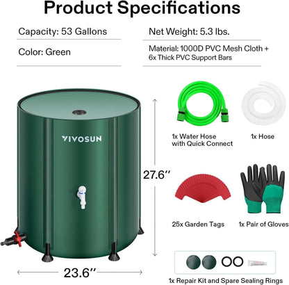 VIVOSUN Collapsible Rain Barrel, 53 Gallon with 1000D Oxford Cloth, Portable Rain Collection System, Water Barrel Collector w/Filter Spigot, Green