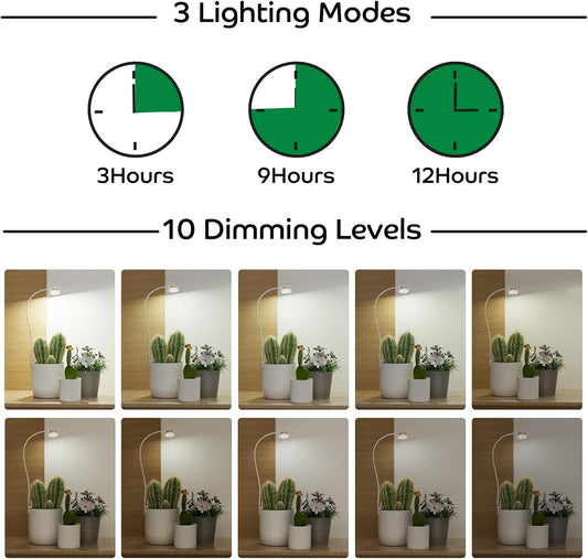 LED Grow Light for Indoor Plants, Full Spectrum Clip On Plant Growing Lamp, Plant Lamp with Adjustable Gooseneck and 10 Level Brightness Dimmable 3/9/12 hrs Auto On/Off Timer (1 Pack)