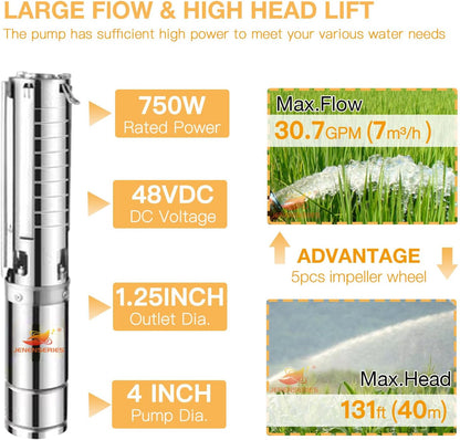 Pump 750W DC 48V Solar Water Pumps, 4 inch Stainless deep well impeller pumps with max head 40m, 30.7GPM Flow and MPPT charge controller float switch kits for home or farm