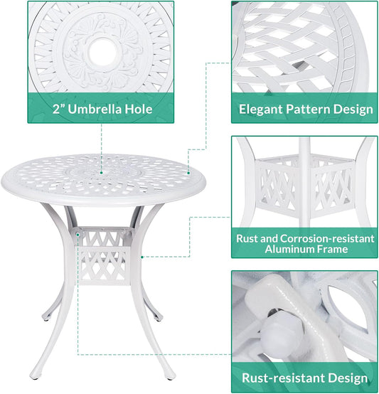 VIVIJASON 3-Piece Patio Furniture Dining Set, Outdoor All-Weather Cast Aluminum Bistro Set, Include 2 Swivel Chairs and 31" Round Table w/Umbrella Hole for Balcony, Lawn, Garden, Backyard, White