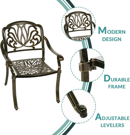 MEETWARM 3 Piece Patio Bistro Set, Outdoor All-Weather Cast Aluminum Dining Furniture Set Includes 2 Chairs and a 35.4” Round Table with Umbrella Hole for Garden Deck