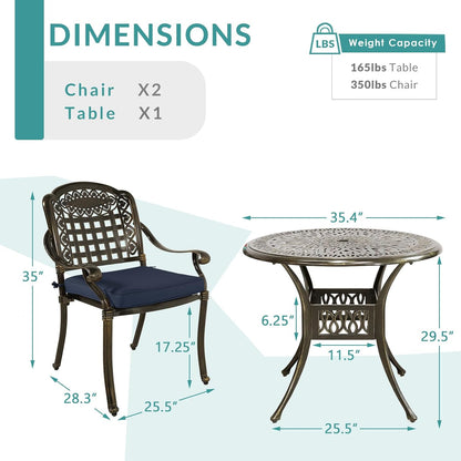 MEETWARM 3 Piece Patio Bistro Set, Outdoor All-Weather Cast Aluminum Dining Furniture Set Includes 2 Chairs with Cushions and a 35.4” Round Table with Umbrella Hole for Garden Deck, Navy Blue