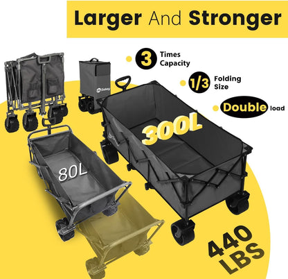 Sekey 48''L Collapsible Foldable Extended Wagon with 440lbs Weight Capacity, Heavy Duty 300L Folding Utility Garden Cart with Big All-Terrain Beach Wheels & Drink Holders. Grey