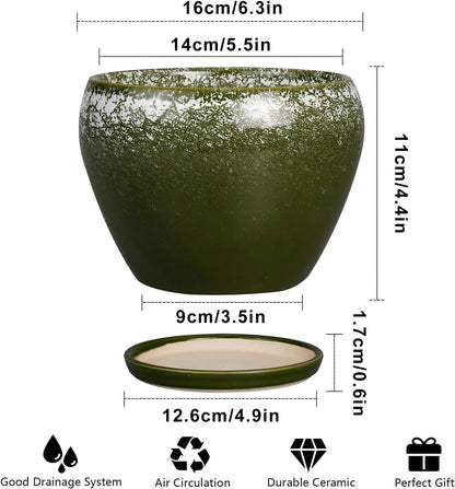 6 Inch Plant Pot - Ceramic Planter Pot with Drainage Hole and Saucer, Glaze Succulent Pot Modern Round Flower Pot for Indoor Plants, Dark Green