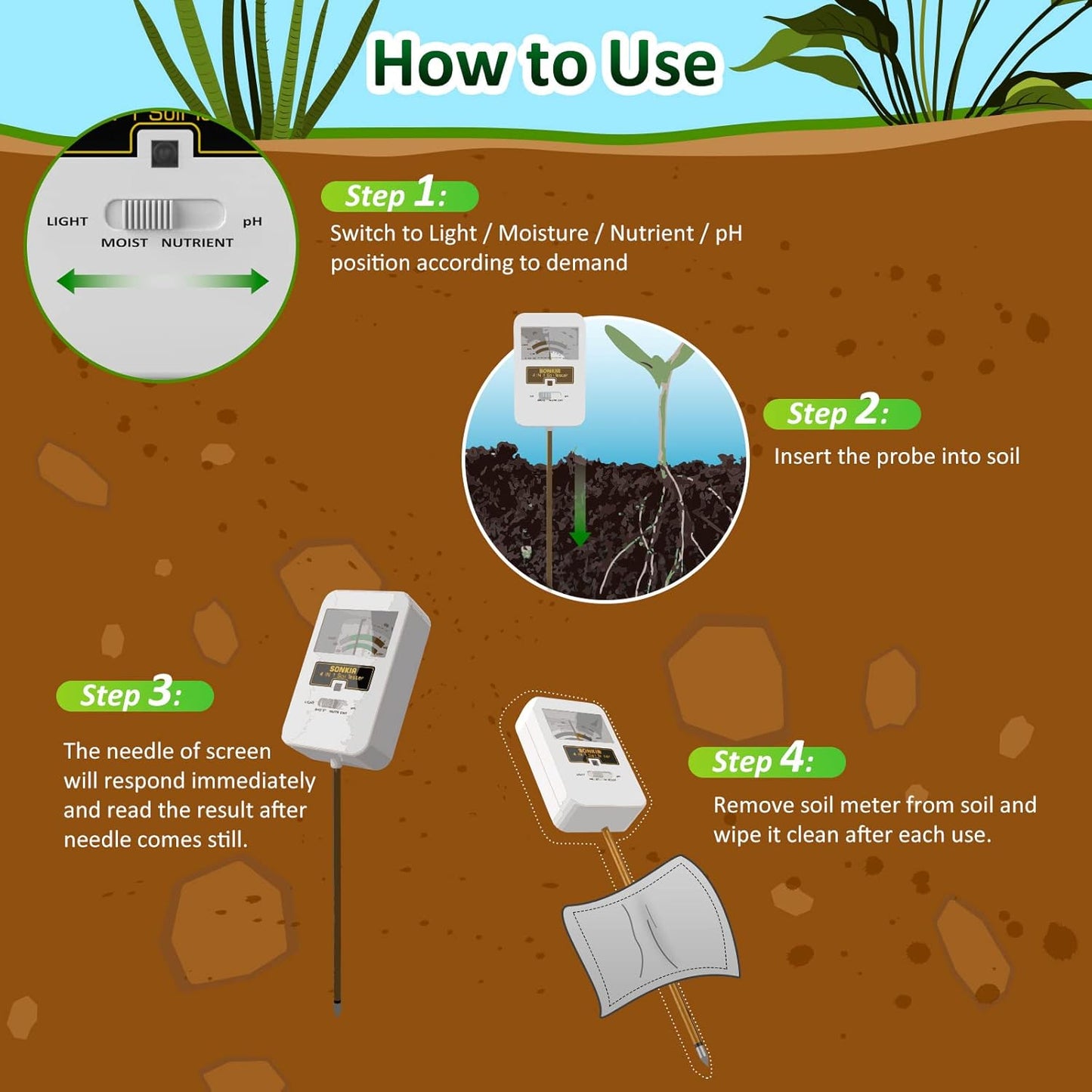 Soil Moisture Meter, 4-in-1 Soil Ph Meter, Soil Tester for Nutrients, Moisture, PH and Light, Soil Ph Test Kits for Plant, Great for Garden, Lawn, Indoor & Outdoor Use (No Battery Required)