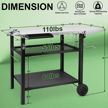 EDOSTORY Outdoor Grill Cart Pizza Oven Stand, Three-Shelf Stainless Steel Food Prep Table Patio BBQ Grill Table Bar Cart Kitchen Island with Wheels