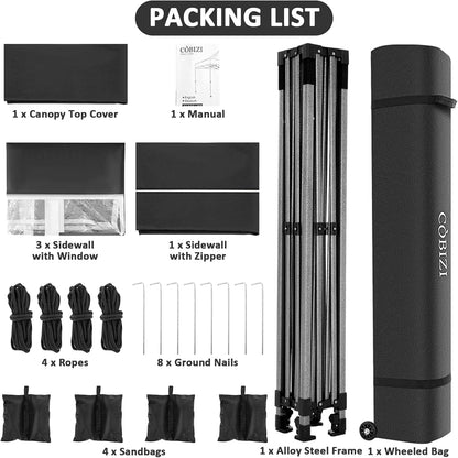 COBIZI 10x10 Pop Up Canopy with 4 Sidewall,Heavy Duty Canopy UPF 50+ All Season Wind Waterproof Commercial Outdoor Wedding Party Tents for Parties Canopy Gazebo with Roller Bag (10 x 10 ft Black)