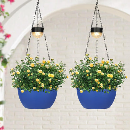 2 Packs Hanging Planters Basket for Outdoor Plants, Solar Powered Self Watering Blue Round Plastic Flower Pots with Drainer for Balcony Patio Garden Outdoor Decoration
