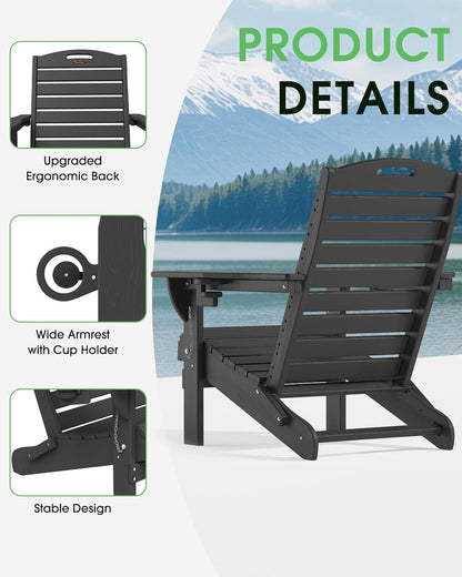 Adirondack Chairs Set of 2, Outdoor Fire Pit Chairs, HDPE All-Weather Adirondack Chairs with Cup Holder, Lawn Chair for Deck, Patio, Garden (Black)