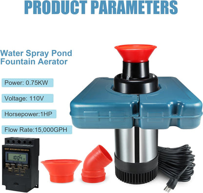 Goldlife Pond Fountain Aerator, F2-2 1HP 750W 110V Stainless Steel Floating Fountain With 100 Feet Power Cord, Aerating Fountain Pond Cascade Pump for Small Large Ponds Lake Jet System