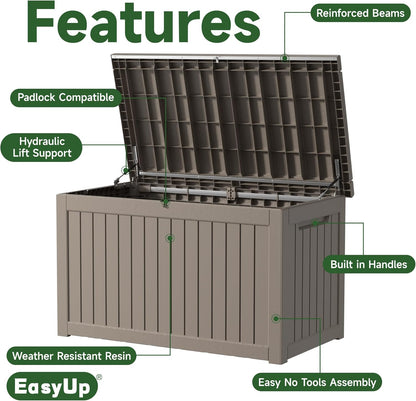 260 Gallon Deck Box Waterproof, UV Resistant Resin Outdoor Storage Box with Hydraulic Rod, Lockable Design and Enhanced Durability for Patio, Garden, and Poolside Use