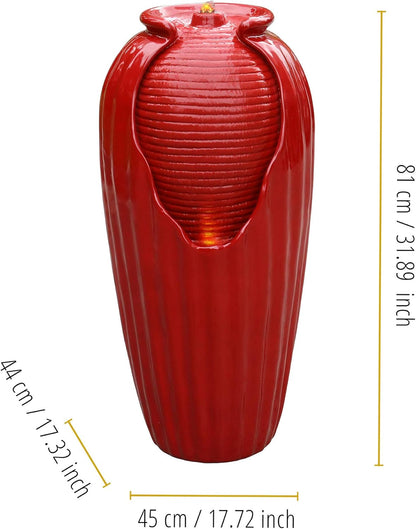 Teamson Home Glazed Vase Floor Freestanding Water Fountain with LED Lights and Pump for Outdoor Patio Backyard Deck Plant Garden Décor, 32 Inch Height, Red