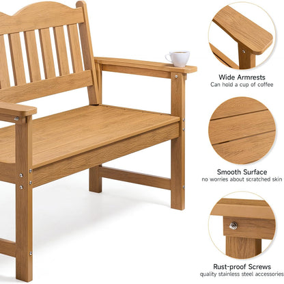 Outdoor Bench, 2-Person Poly Lumber Garden Bench with 800 lbs Weight Capacity, All-Weather Patio Bench with Armrests and Backrest for Garden, Porch, Backyard and Park, Teak