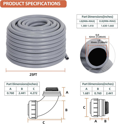 Liquid-Tight Conduit 1-1/4 inch 25ft, Electrical Conduit w/UL Certification, Flexible Conduit with 5 Straight and 5 90-Degree Conduit Connector Fittings Gray