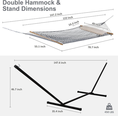 SUNCREAT Rope Hammock with Stand Included, Portable Double Hammock with Soft Pillow, Gray