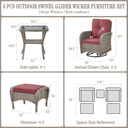 5 Pieces Wicker Patio Furniture Set - Swivel Rocker Outdoor Chairs with Ottomans and Side Table, Small Patio Conversation Set for Porch Deck Backyard Red