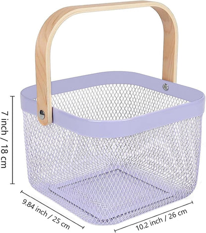 Metal Mesh Steel Basket, Storage Organizer Basket Multi-functional Hanging Kitchen Baskets Fruit Basket Bin with Bamboo Handle for Kitchen Bathroom Picnic Shopping Decor Cabinet Home, Purple