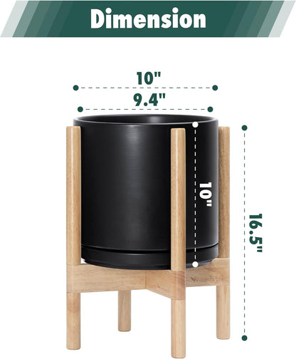 D'vine Dev Ceramic Planter with Natural Stand - 10 Inch Modern Round Flower Pot with Wood Planter Holder, Black, 55-B-K-2