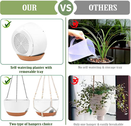 Hanging Planters for Outdoor Indoor Plants, 2 Pack 12 Inch Hanging Basket Plants Outdoor, Self Watering Hanging Planter with Plant Hanger for Garden Home Decoration (2 Type Plant Hangers White)
