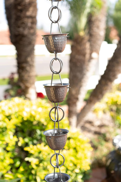 Monarch Rain Chains Aluminum Hammered Cup Rain Chain, 8.5 ft Pewter Powder Coated Aluminum Decorative Rain Catcher Chain for Gutters, Pewter Aluminum Rain Gutter Replacement Downspout