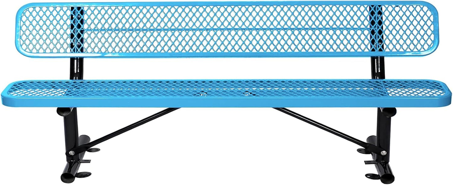 Thermoplastic Coated Iron Park Bench for Outside, Heavy Duty Metal Garden Bench, Expanded Commercial Grade Seating for Shopping Malls, Lawn Yard Porch Entryway (Blue with Backrest, 96IN)