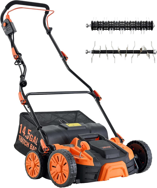 VEVOR 2-in-1 Electric Dethatcher and Scarifier, 16-Inch 15 Amp, Corded Lawn Dethatcher with 14.5-Gallon Thatch Collection Bag, 5-Position Depth Adjustment, Walk Behind Machine for Garden Yard Grass