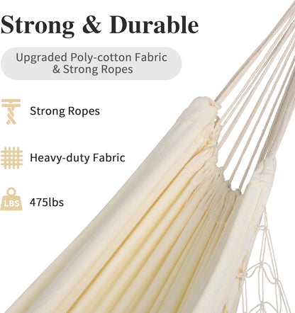 SUNCREAT Portable Camping Hammock for Outside, Heavy Duty 2 Person Hammock Bed for Tree, Beige with Tassels