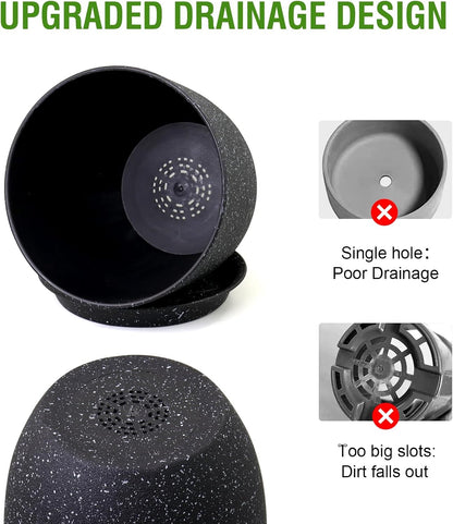 Plant Pots 10/9/8 inch, Set of 3 Modern Decorative Plastic Planters with Drainage Holes and Saucers for Garden House Plants, Flower Pots for Indoor Outdoor Plants, Speckled Black