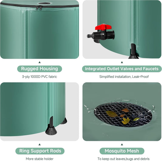 Collapsible Rain Barrel Water Storage Containers-100 Gallon Portable Rainwater Collect System Water Tank to Collect Rainwater from Gutter Downspout Water Catcher with Spigots,Filter＆Overflow Kits