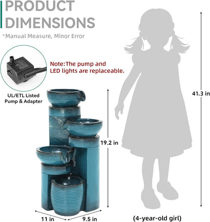 Autodaya 19.3" H Pedestal Outdoor Water Fountain with LED Lights and Pump, 4-Tier Cascading Water Feature, Tranuil Waterfall for Relaxing Garden, Patio, Yard, or Porch, Turquoise, Faux Ceramic Finish
