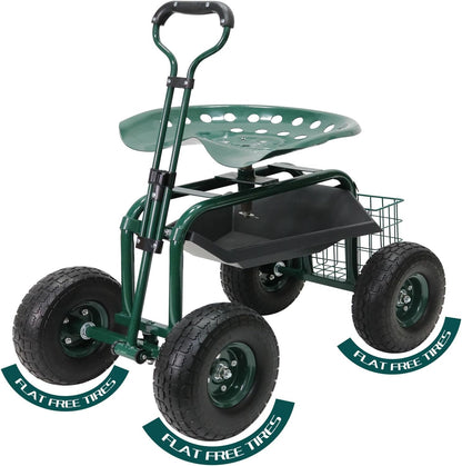 BDL Garden Cart Outdoor Rolling Garden Workseat with Wheels, Heavy Duty Garden Tool Cart with Extendable Handle and Storage for Seniors Yard Gardening Work