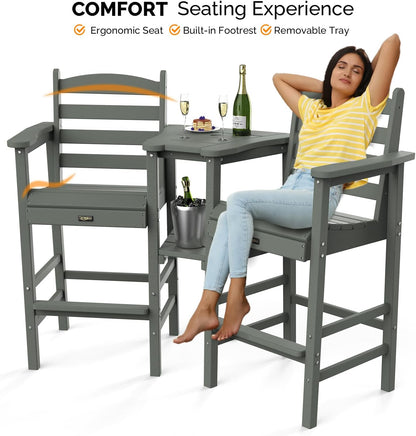 VINGLI Tall Adirondack Chairs Set of 2 with Removable Double Connecting Trays, HDPE Weather Resistance Outdoor Bar Stools Heavy Duty Patio Table and Chars Set Poly Deck Chairs for Pool Balcony (Gray)