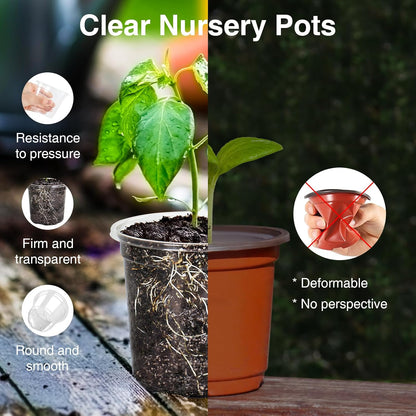 Bonviee 20 Packs 6.7 Inch Clear Nursery Pots, 1 Gallon Plastic Seedling Pots with Drainage Holes, Planters for Indoor Plants and Small Seed Starters, High Transparency Flower Pots with 10 Plant Labels