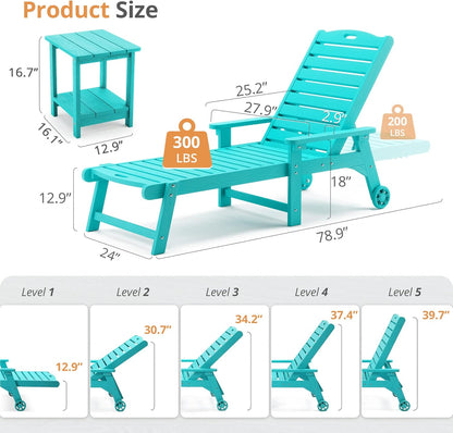 LUE BONA Chaise Lounge Chairs Set with Table, 3-Piece, 79'' Oversized HDPS Chaise Lounger, 5 Positions Adjustable Lounge Chairs, Pool Lounge Chair with Wheels for Poolside, 3 Year Warranty, Aruba Blue
