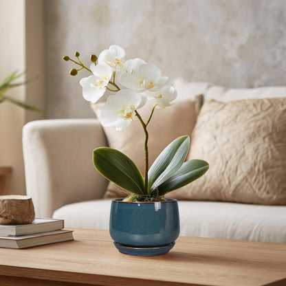 G EPGardening Ceramic Pots for Plants - 4 inch Plant Pots for Indoor Outdoor, Small Planter with Drainage Hole & Tray, Modern Succulent Pots, Round Planter, Office Decor, Home Gifts, Retro Blue