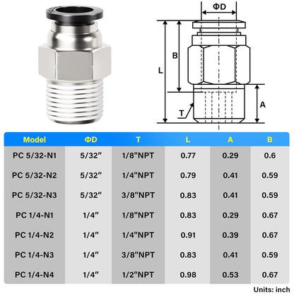TAILONZ PNEUMATIC Elbow and Straight Combination 5/32 Inch Tube OD x 1/8 Inch NPT Thread Push to Connect Fittings PC-5/32-N1+PL-5/32-N1(Pack of 4)