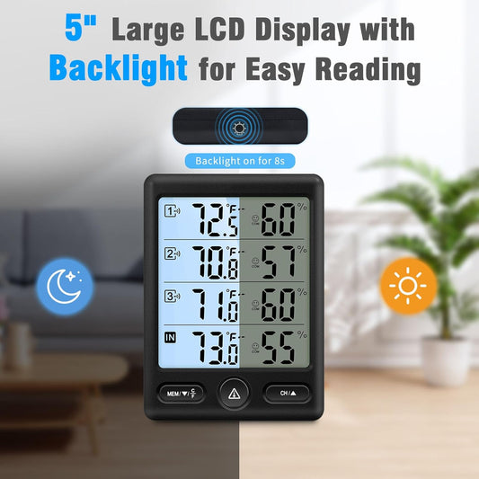 Geevon Indoor Outdoor Thermometer Wireless 3 Remote Sensors, 5-Inch Display Digital Hygrometer Thermometer Temperature Humidity Monitor with 8S Backlight, Battery-Powered (Black)