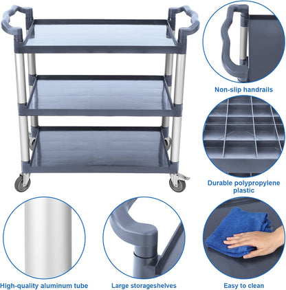 Utility Service Cart 3 Shelf, Rolling Push Cart with Brake Wheel, Plastic Heavy Duty 3-Tier Food Service Cart for Office, Warehouse, Garage, Restaurant, Cleaning, 360lbs Capacity, Gray