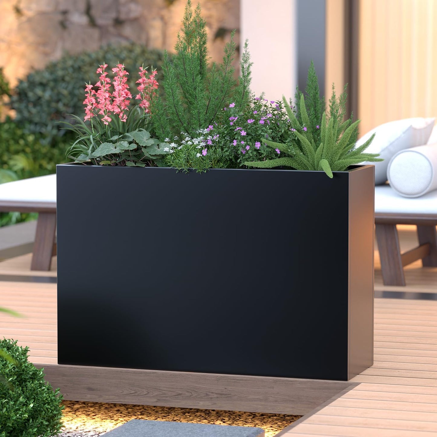 Metal Planter Box Rectangular Block - Galvanized Steel Long Box Planter Modern Outdoor Planters All-Weather Use with Drainage Holes for Patio/Porch, 35.5×24×12IN