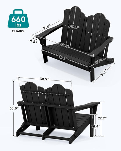 SERWALL Folding Adirondack Bench, HDPE All-Weather Adirondack Loveseat Set of 2, Black