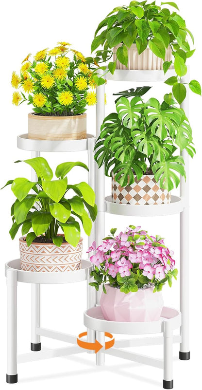 LASZOLA 5 Tiered Folding Plant Stand Indoor for Multiple Large Planter, Tall Heavy Duty Adjustable Rack with Rust Proof 10 Inch Wide Tray, Sturdy Vertical Tree Organizer for Narrow Inside Floor, White