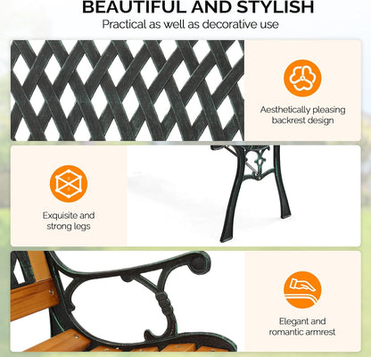 VINGLI Outdoor Bench Metal Garden Bench, Wood Patio Benches w/PVC Backrest Cast Iron Love Seat Park Benches for Porch Yard (Diamond)