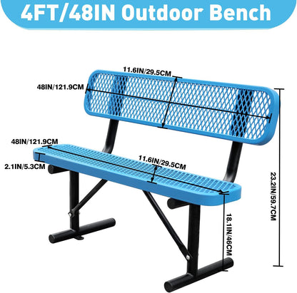 4Ft Outdoor Bench with Blue Portable Frame, Outdoor Steel Park Bench with Backrest, Expanded Metal Mesh Bench for Outside, Lawn, Backyard, Park, Deck, Garden, Patio, Porch, Blue