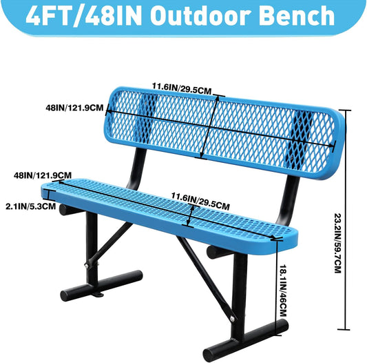 4Ft Outdoor Bench with Blue Portable Frame, Outdoor Steel Park Bench with Backrest, Expanded Metal Mesh Bench for Outside, Lawn, Backyard, Park, Deck, Garden, Patio, Porch, Blue