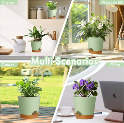 4 inch Self Watering Pots for Indoor Outdoor Plants, 6 Pack Plastic Flower Planters with Drainage Holes and Removable Saucers, Plant Pots with Wicking Rope, Modern Decor, Green Brown